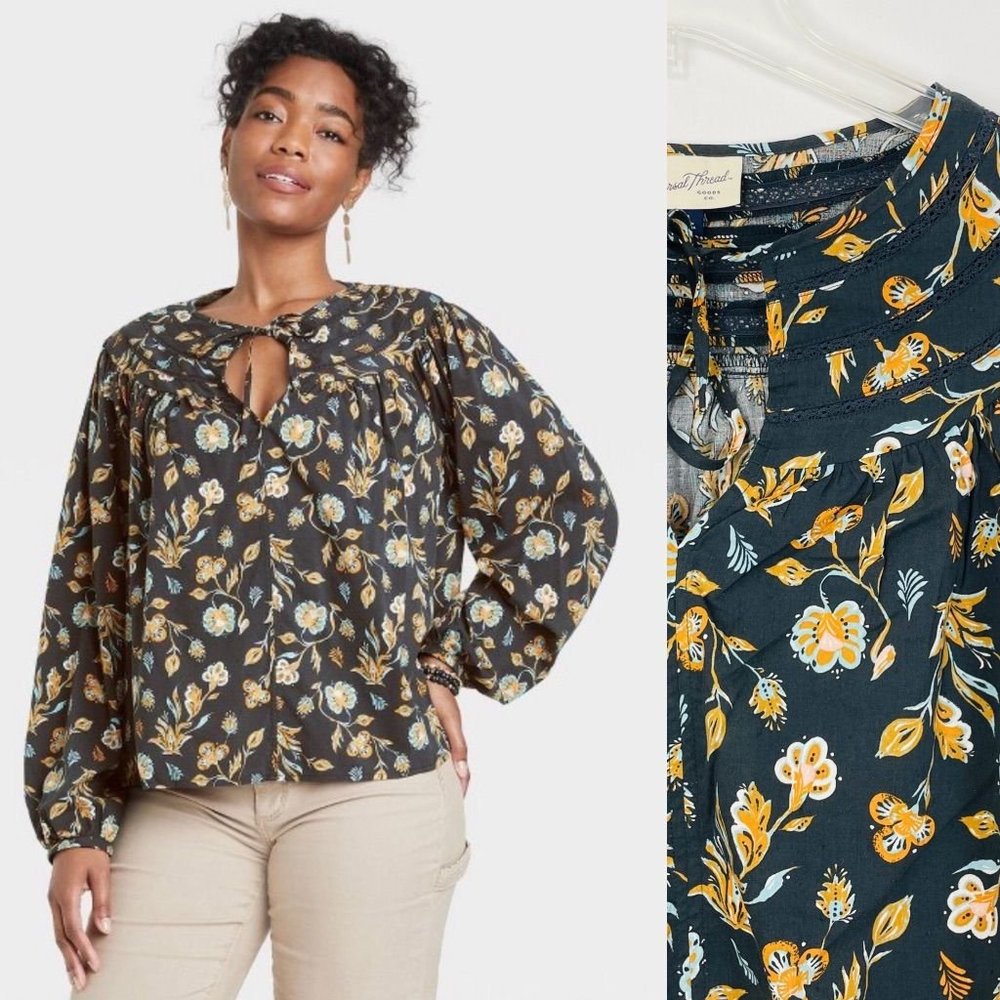 Universal Thread Women Top Medium Long Sleeve Tie Front Blouse Gray Floral New